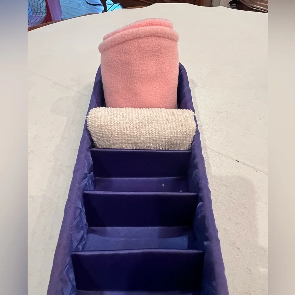 Vintage purpley-blue satin quilted drawer organizer. So retro!